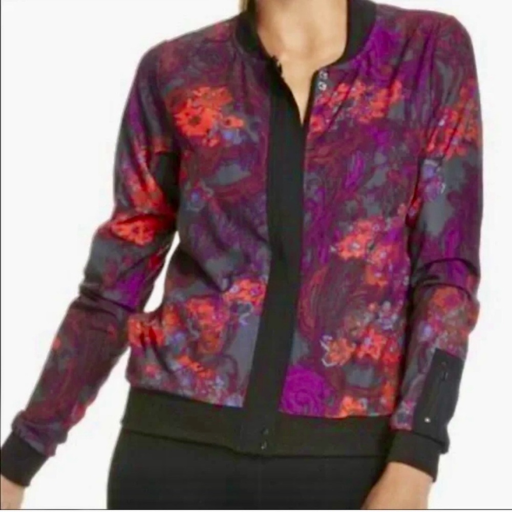 Fabletics Floral Bomber Jacket Large Purple Red Athletic Zip Front Lightweight